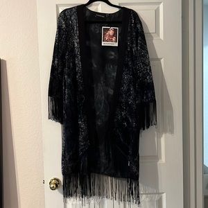 MINKPINK Blue and Black Velvet Fringe Kimono, Size XS/S